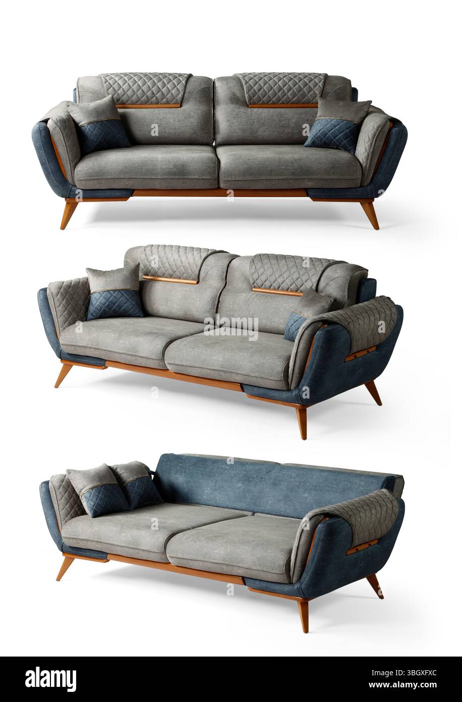 Sofa isoliert auf weißem Hintergrund. Verschiedene Blickwinkel Stockfoto