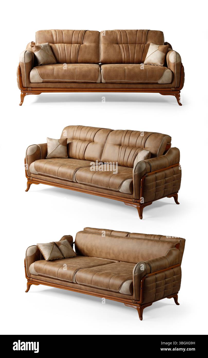 Sofa isoliert auf weißem Hintergrund. Verschiedene Blickwinkel Stockfoto