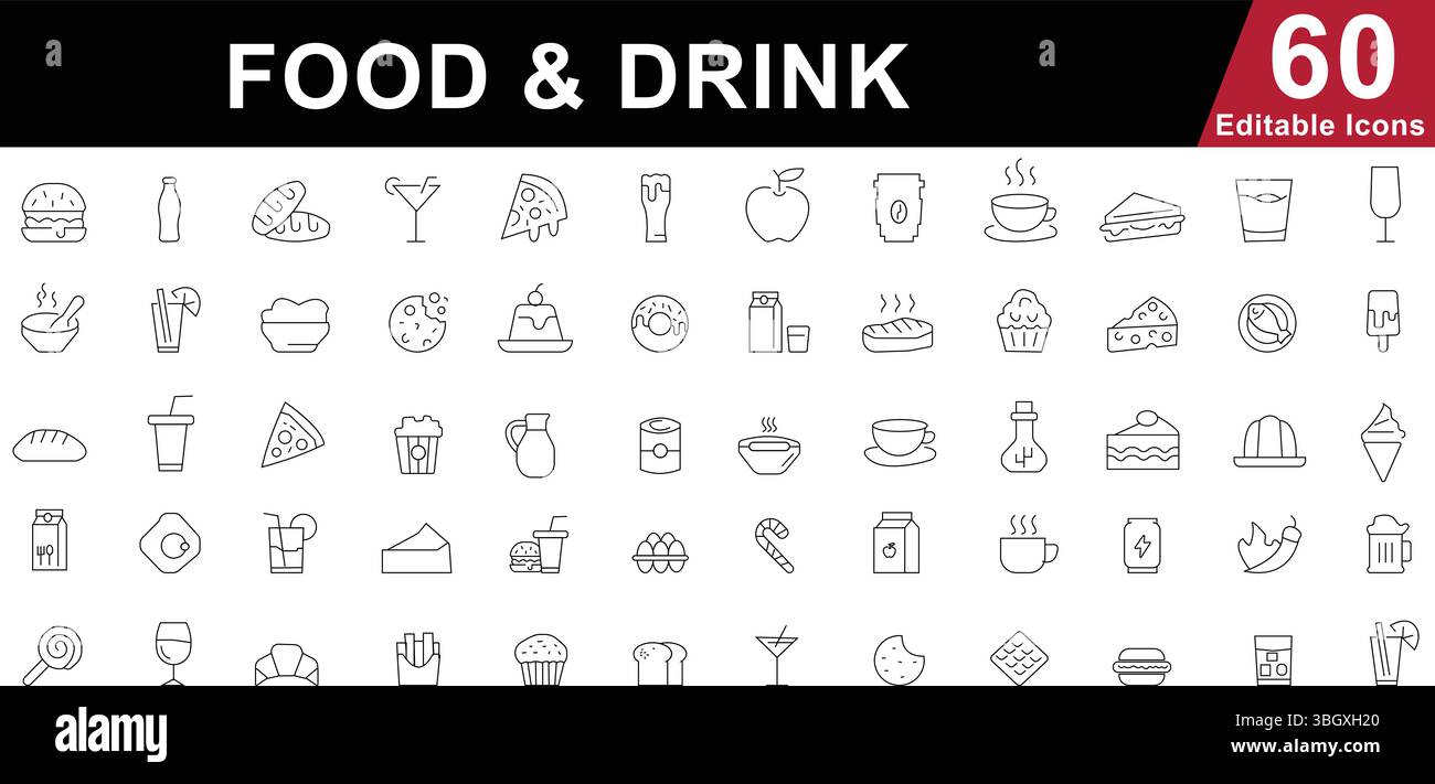 Set mit Symbolen für die Food and Drink Line. Symbole für Restaurants, Cafés, Getränke und Mahlzeiten. Bearbeitbare Symbole für Vektorlinien Stock Vektor
