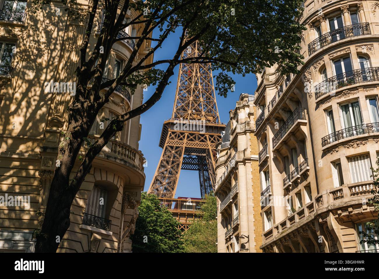 Ein sonnenverwöhnter Blick auf den Mittelteil des Eiffelturms, der zwischen den Fassaden traditioneller Pariser Haussmann-Gebäude eingerahmt ist, mit Sonnenlicht Stockfoto