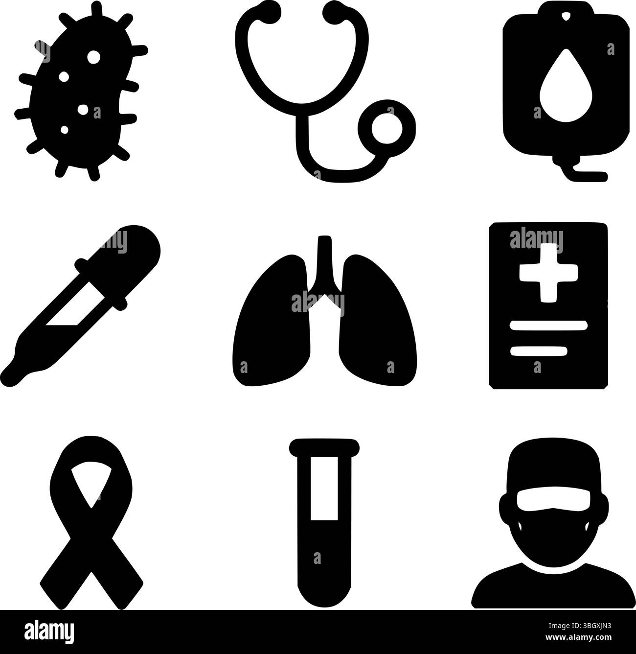Medizinische Diagnose und Forschung Silhouette Symbolsatz | Arzt, Labor und Gesundheitswesen Symbole Stock Vektor