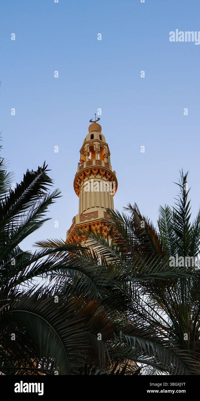 Friedliche Moschee in Satwa, Dubai mit Dattelpalmen – authentische islamische Architektur, Kultur der VAE und spirituelle Schönheit des Nahen Ostens. Stockfoto