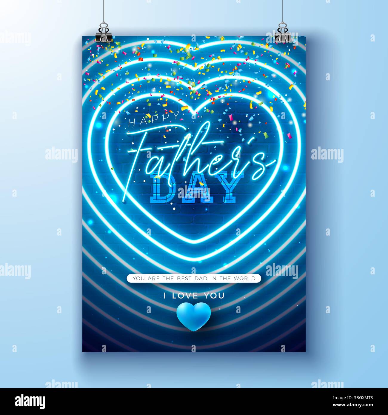 Happy Vatertag Grußkarte Design mit leuchtendem Neonlicht und Typografie Schriftzug auf blauem Vintage Ziegelsteinwand Hintergrund. Vektorabstimmung Stock Vektor