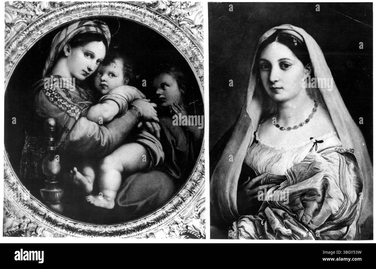 2 italienische Renaissancemalereien von Raffaello Sanzio (Raffael). Die Gemälde sind „die Jungfrau auf dem Stuhl“ (links) und ein „Porträt der Frau, bekannt als die verschleierte Dame“. Stockfoto