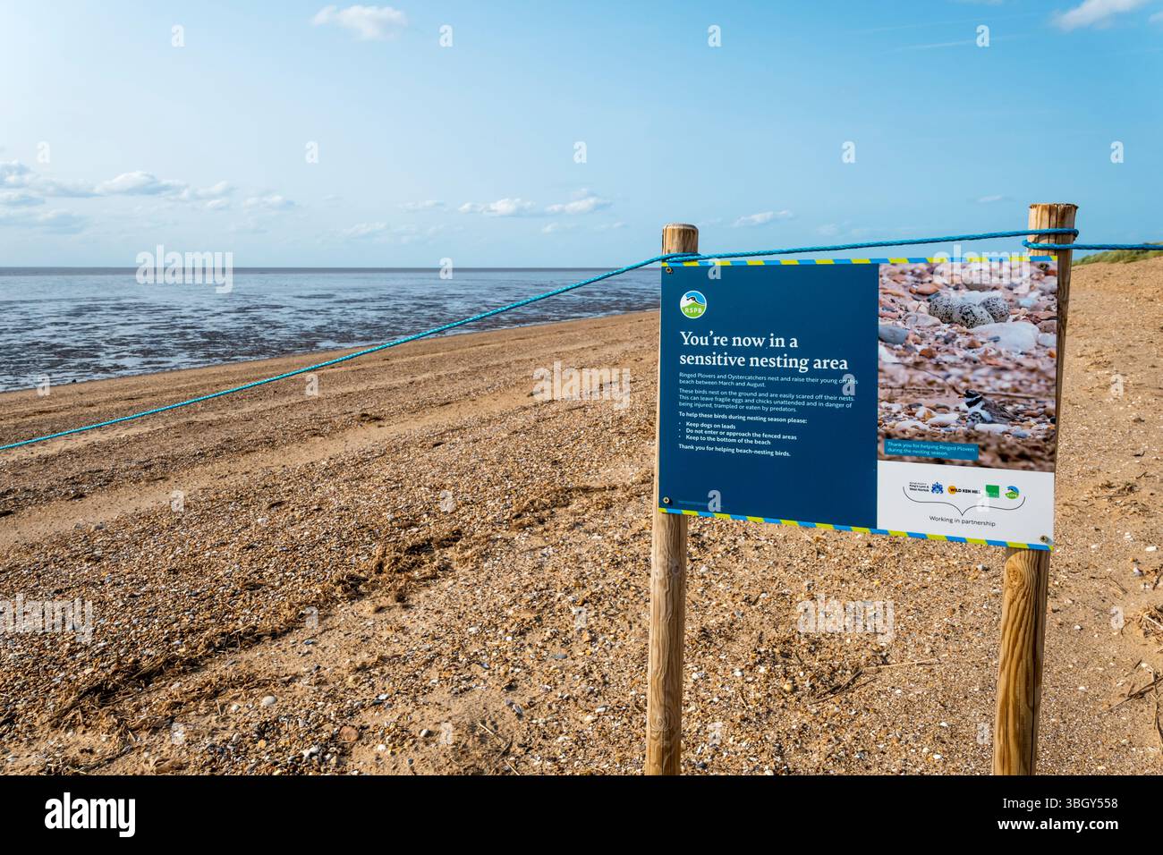 Ein Schild am Ostufer des Wash zwischen Snettisham und Heacham warnt, dass es sich um ein empfindliches Nistgebiet handelt. Stockfoto