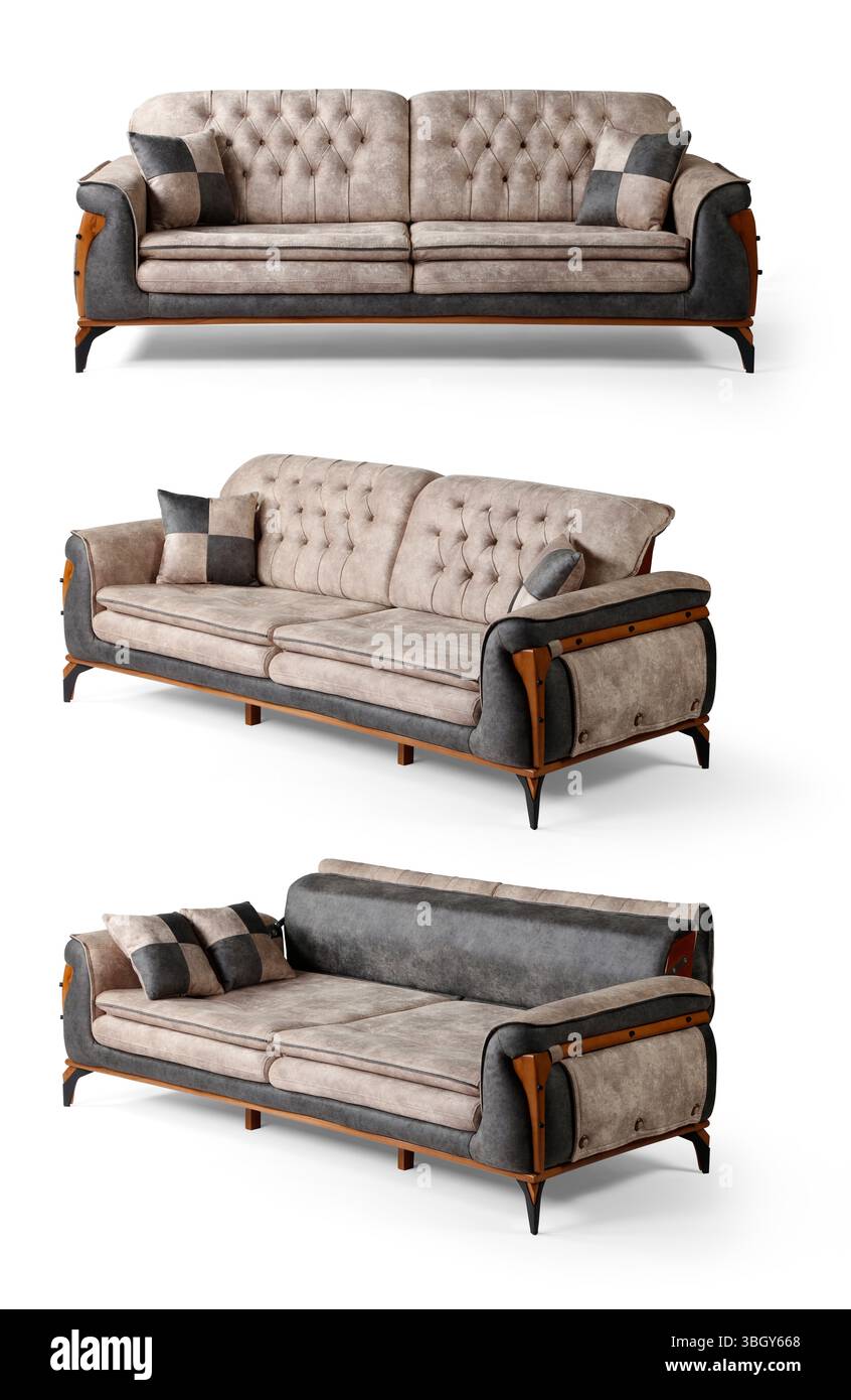 Sofa isoliert auf weißem Hintergrund. Verschiedene Blickwinkel Stockfoto