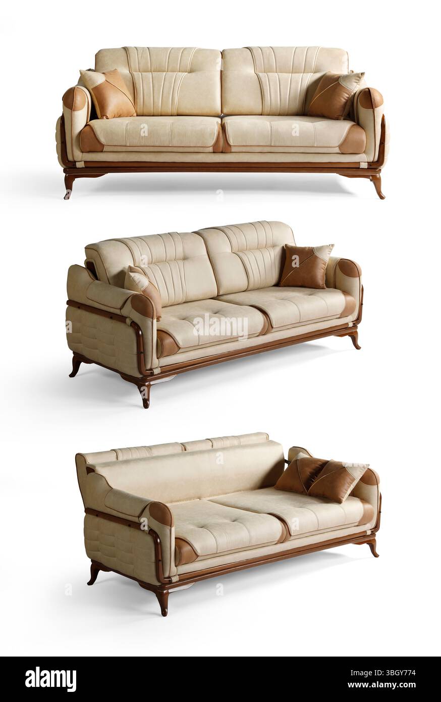Sofa isoliert auf weißem Hintergrund. Verschiedene Blickwinkel Stockfoto