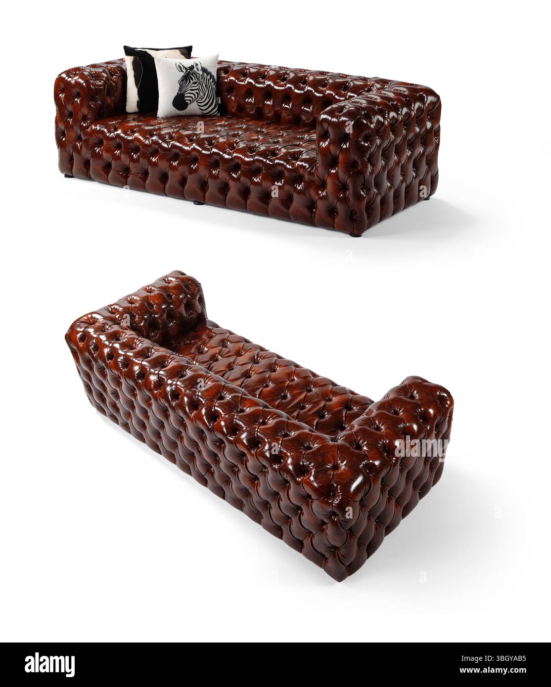 Braunes Ledersofa mit Kissen isoliert auf weißem Hintergrund. Blick aus verschiedenen Blickwinkeln Stockfoto