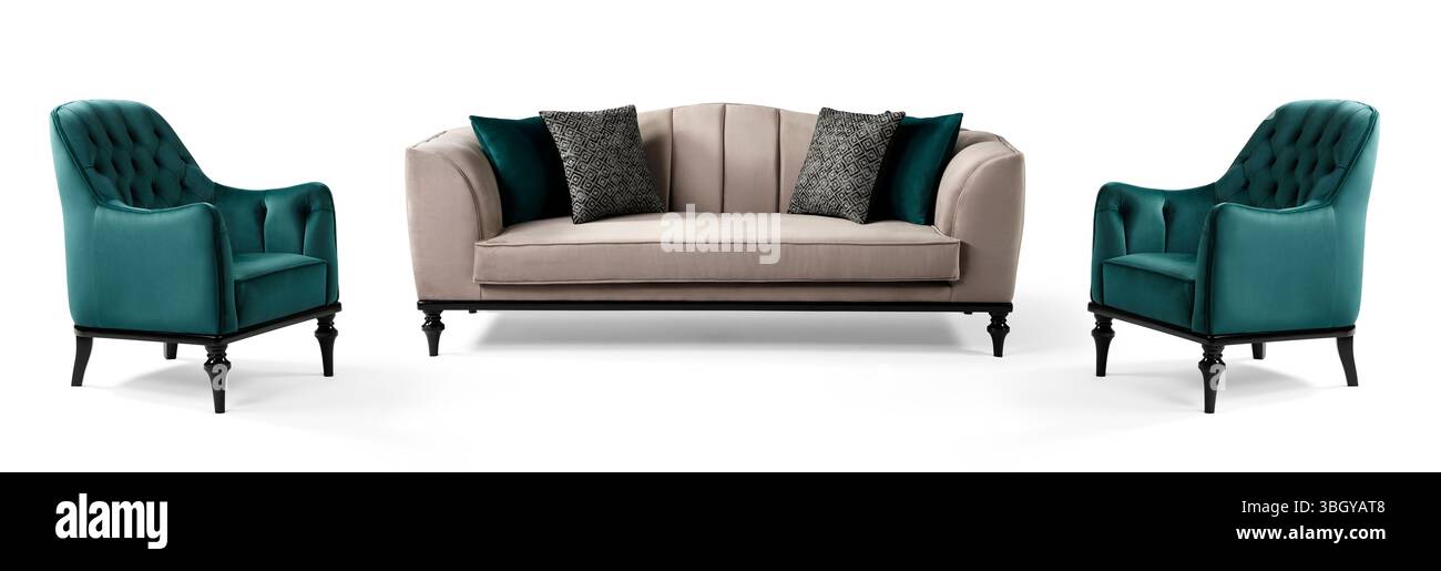 Die modernen Möbel sind halb auf weißem Hintergrund gehalten. Stockfoto