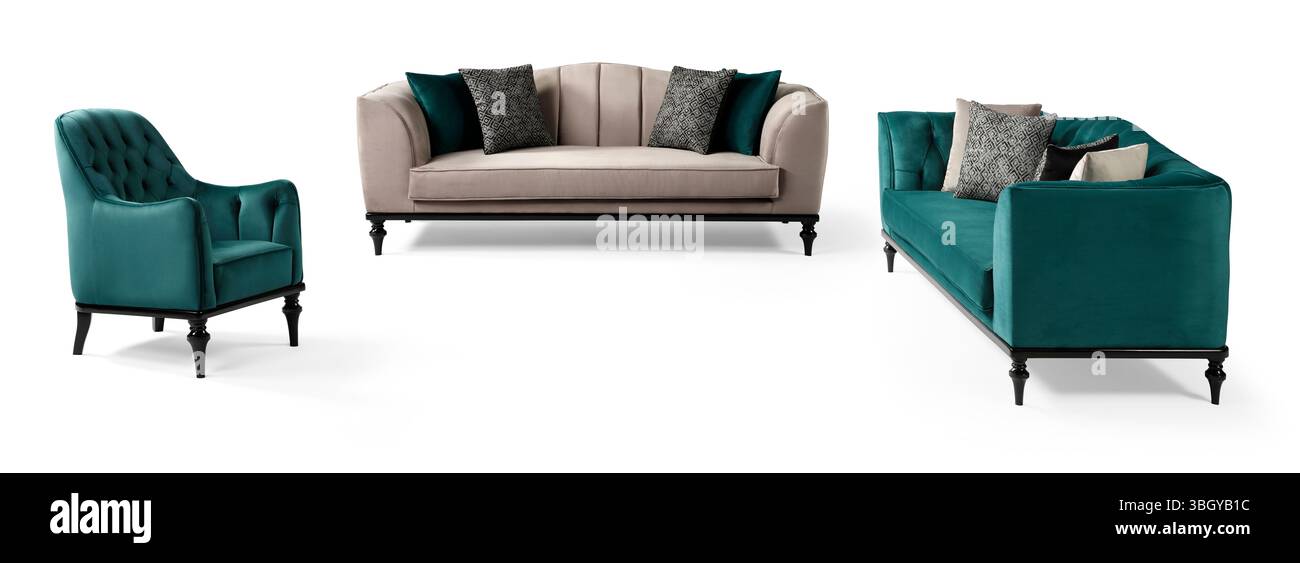 Die modernen Möbel sind halb auf weißem Hintergrund gehalten. Stockfoto