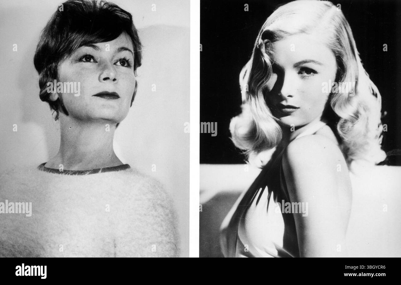 Das Foto auf der linken Seite zeigt den See Veronica im Herbst 1962, mit einem rot gefärbten Haar, das kurz geschnitten und ordentlich gepflegt ist. Auf der rechten Seite befindet sich der Veronica Lake, da sich die Kinobesucher heute an sie erinnern. 3. Oktober 1962 Stockfoto