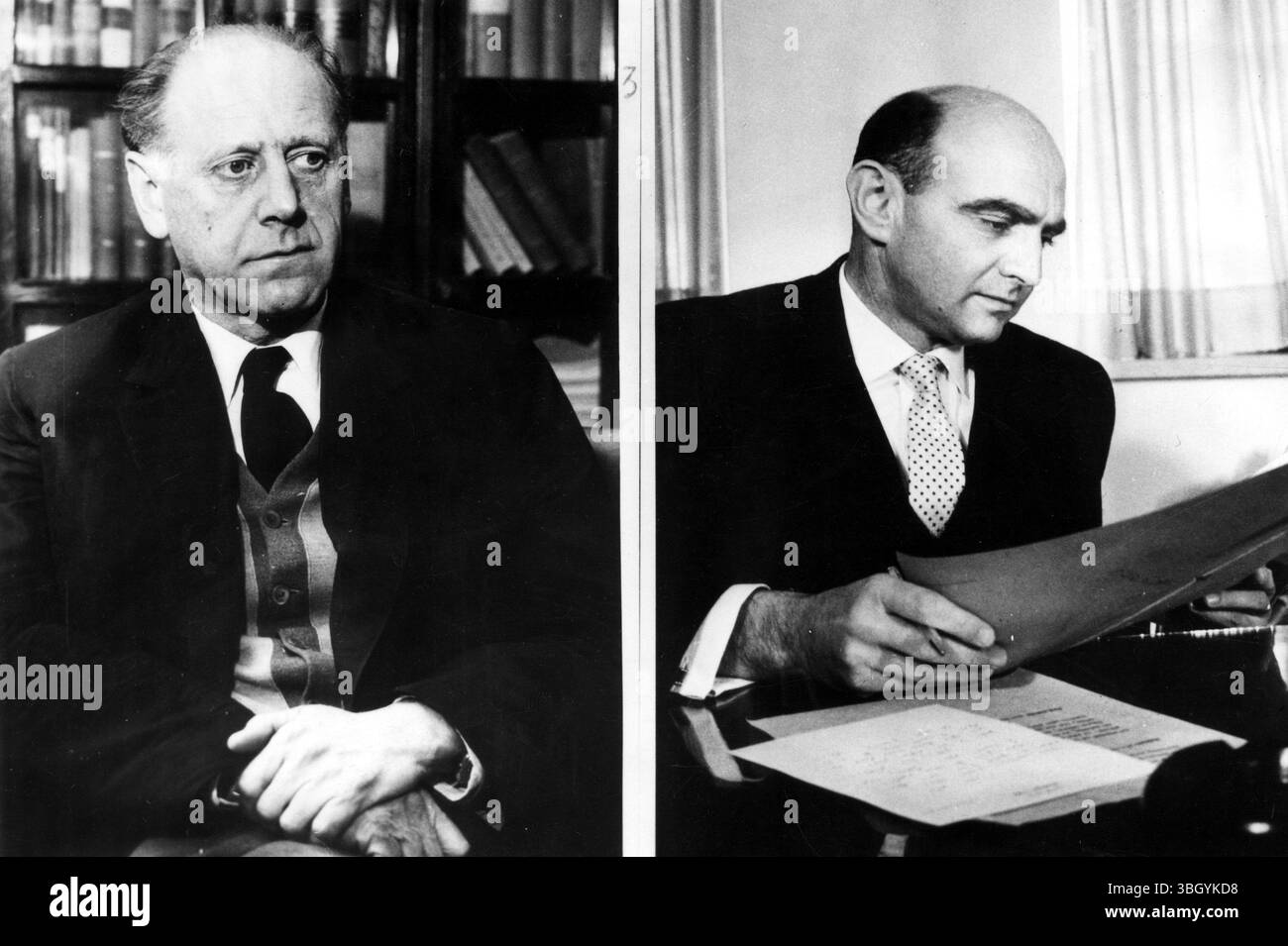 Der Eichmann-Prozess. Porträts von Izhak Rave, einem der Richter des Tribunals, das Adolf Eichmann, den ehemaligen SS-Führer der Nazis, verurteilen wird. Rechts, Gideon Hausner, Generalstaatsanwalt von Israel, Oberstaatsanwalt des Tribunals. 6. April 1961 Stockfoto