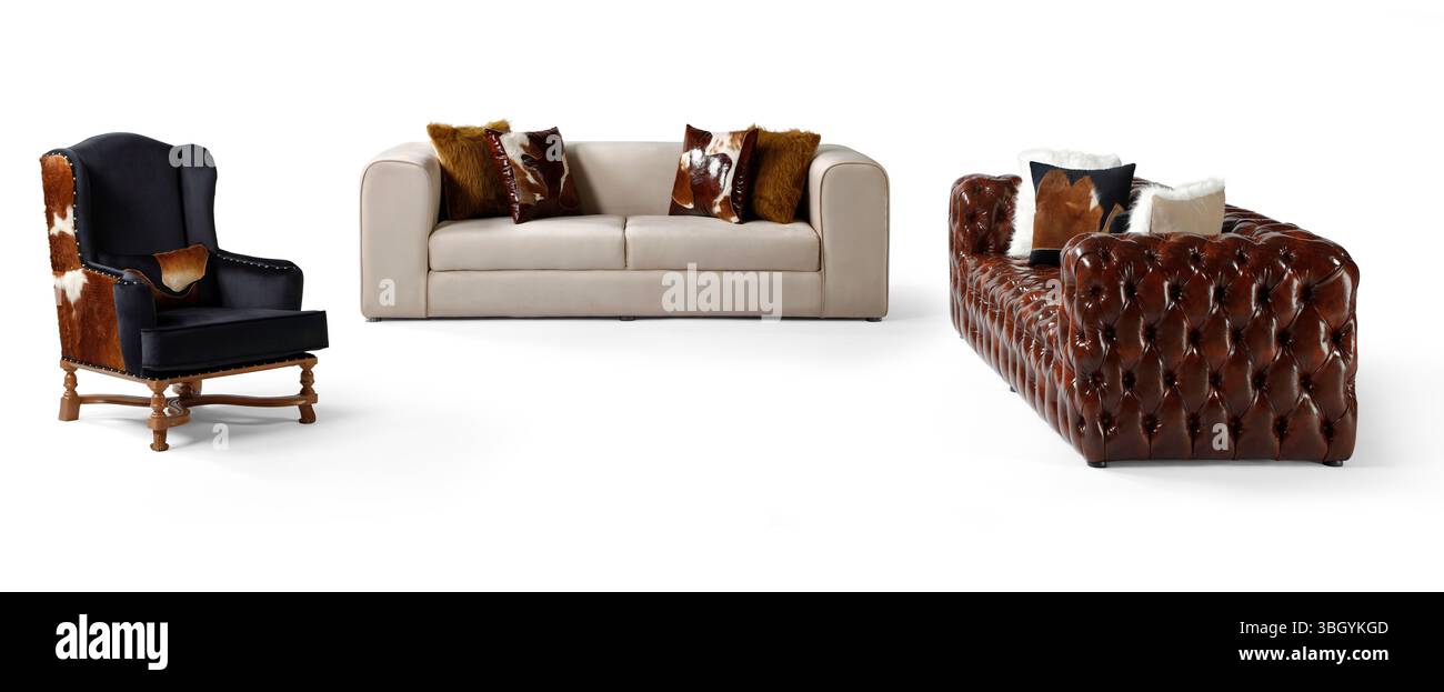 Moderne Möbel sind zur Hälfte auf weißem Hintergrund Stockfoto