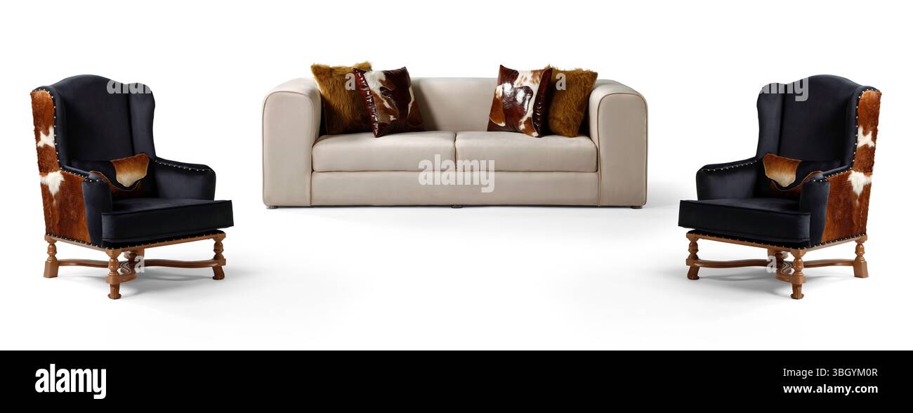 Moderne Möbel sind zur Hälfte auf weißem Hintergrund Stockfoto