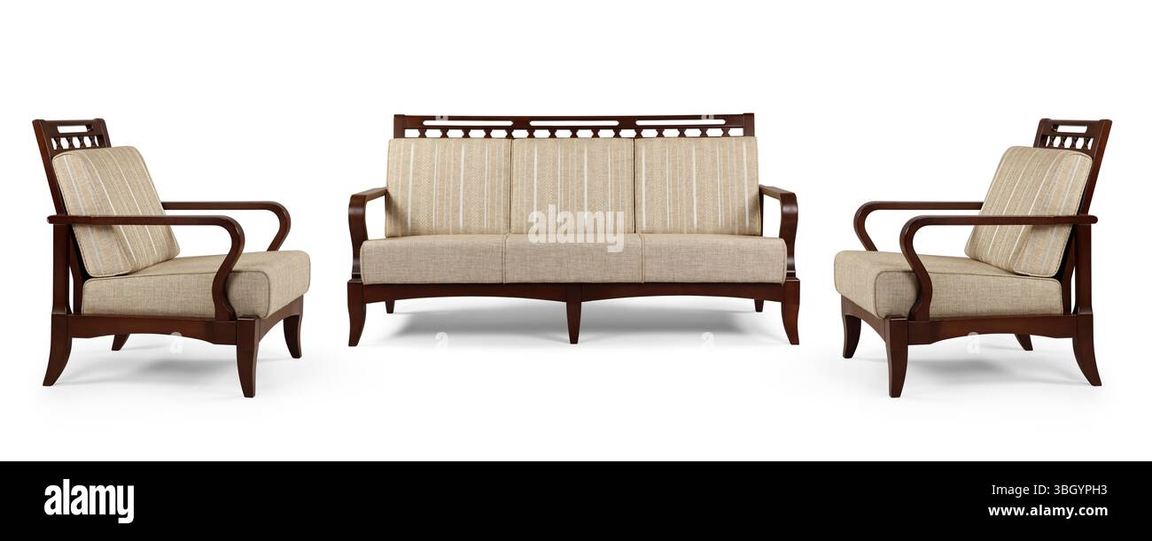 Moderne Möbel sind zur Hälfte auf weißem Hintergrund Stockfoto