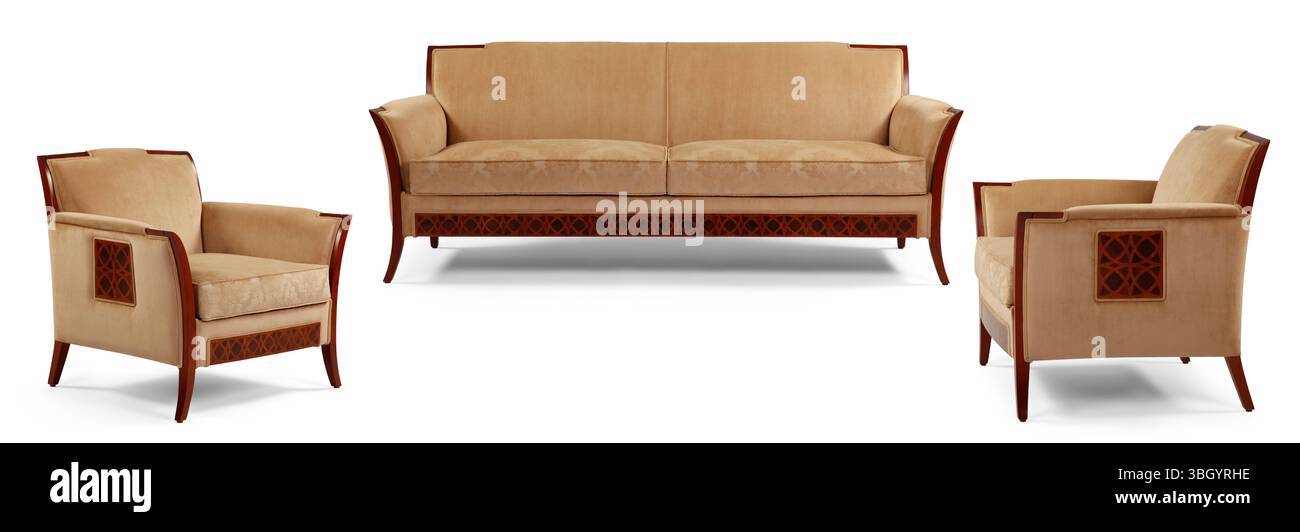 Moderne Möbel sind zur Hälfte auf weißem Hintergrund Stockfoto