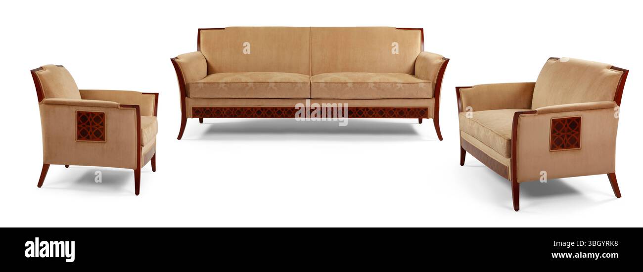 Moderne Möbel sind zur Hälfte auf weißem Hintergrund Stockfoto