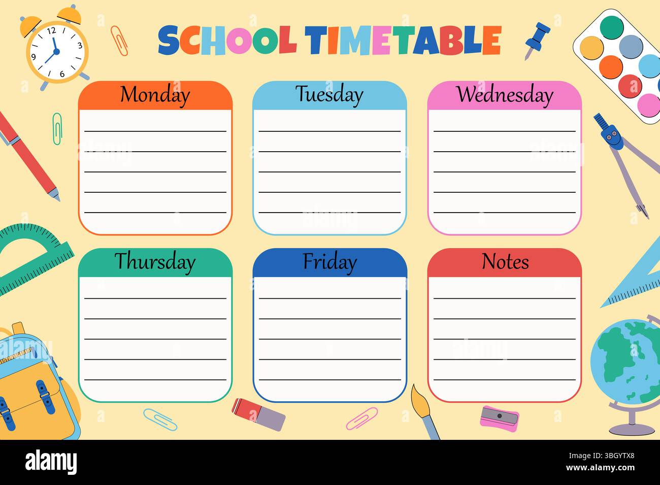 Schulplan von Montag bis Freitag. Farbenfrohes Design mit verschiedenen Arten von Schulutensilien. Stock Vektor
