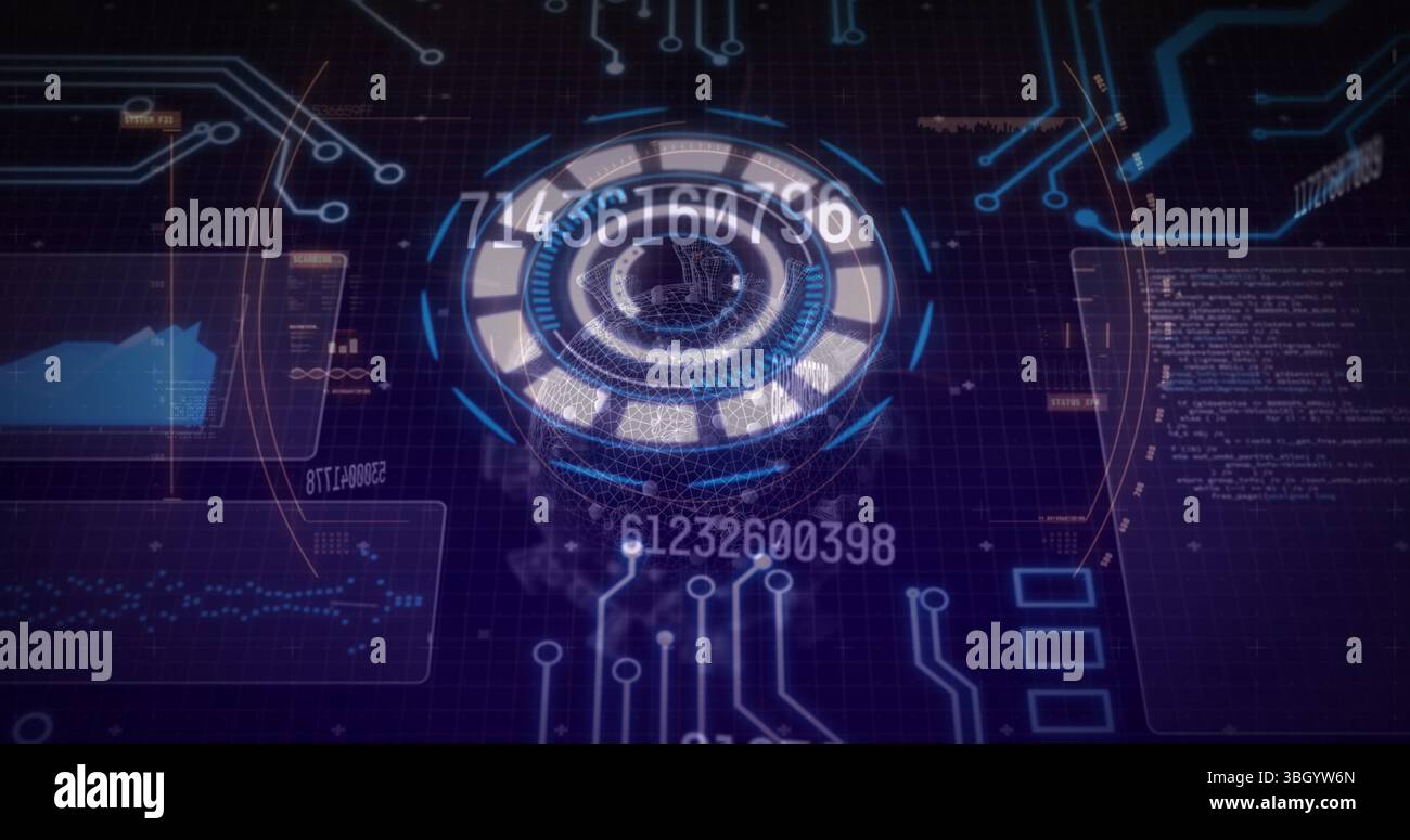 Bild von Zahlen, Daten und Verarbeitungskreis auf violettem Hintergrund Stockfoto