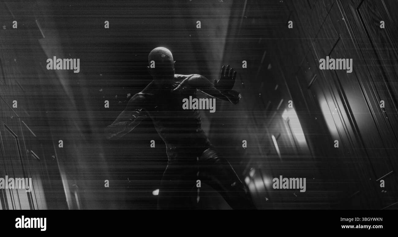 Bild eines schwarz-weißen Kratzfilms einer gruseligen Figur im dunklen Korridor, die den Kopf schmerzhaft hält Stockfoto