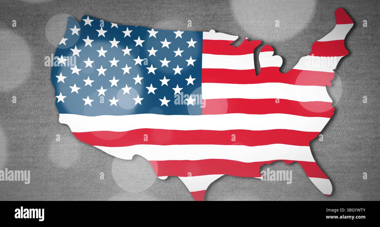 Bild von Punkten über der Karte mit Flagge der usa auf grauem Hintergrund Stockfoto