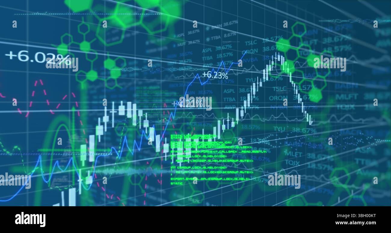Abbildung von Diagrammen, Daten und chemischen Formeln auf blauem Hintergrund Stockfoto