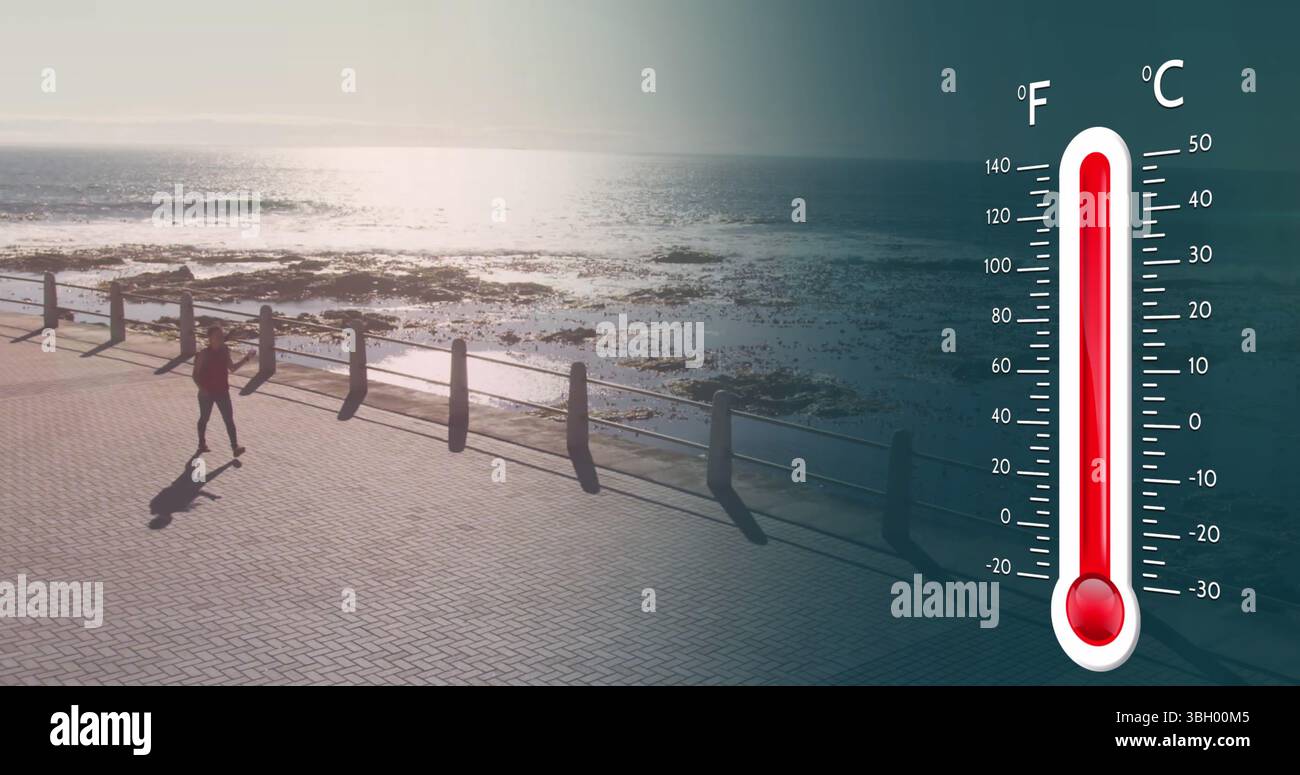 Bild des Digitalthermometers über der Meereslandschaft Stockfoto