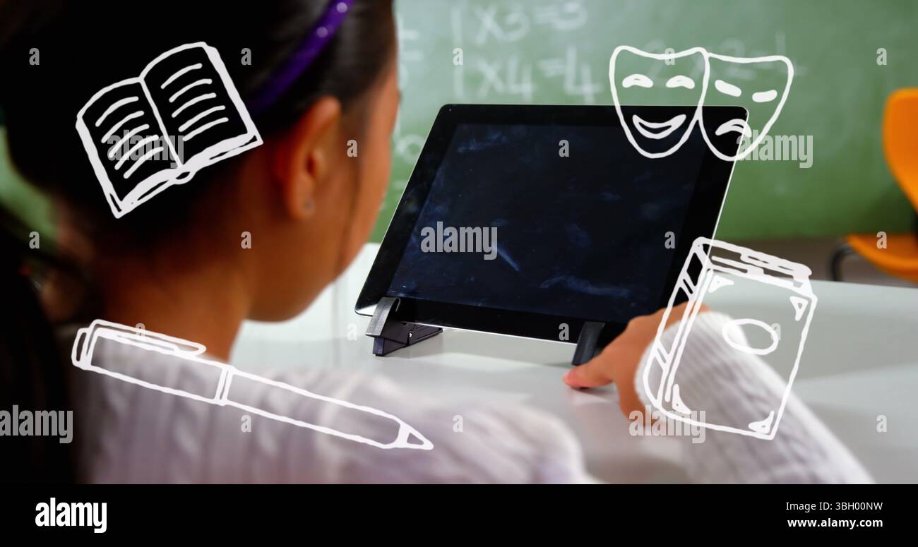 Bild von Schulzeichnungen über asiatischem Mädchen mit Tablet Stockfoto