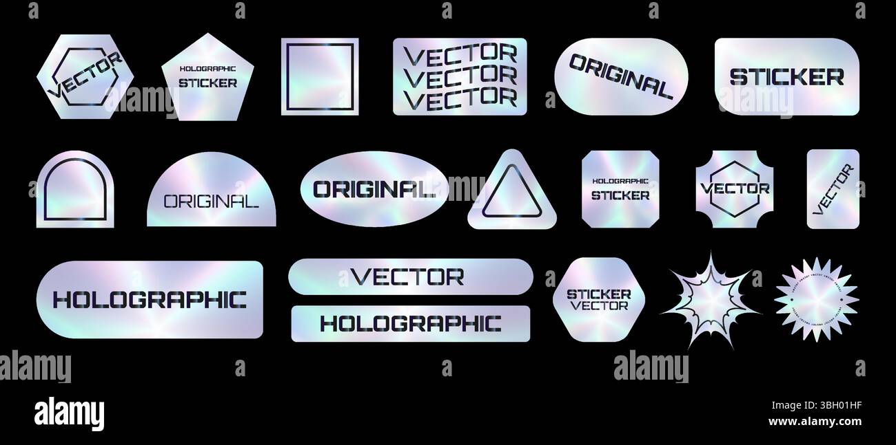 Holografische Aufkleber mit verschiedenen Formen Set, Hologramme geometrische Formen Aufkleber Etiketten für Design, Vektor-Illustration Stock Vektor