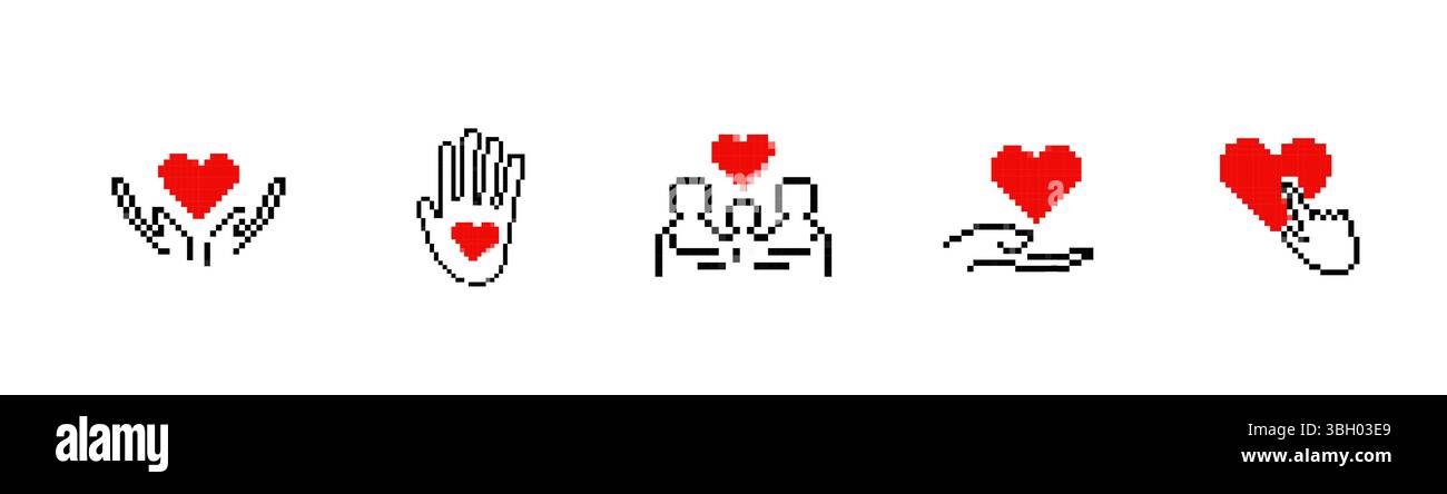 Mosaikpixelherzen mit Händen und Symbolen im Retro-Stil Stock Vektor