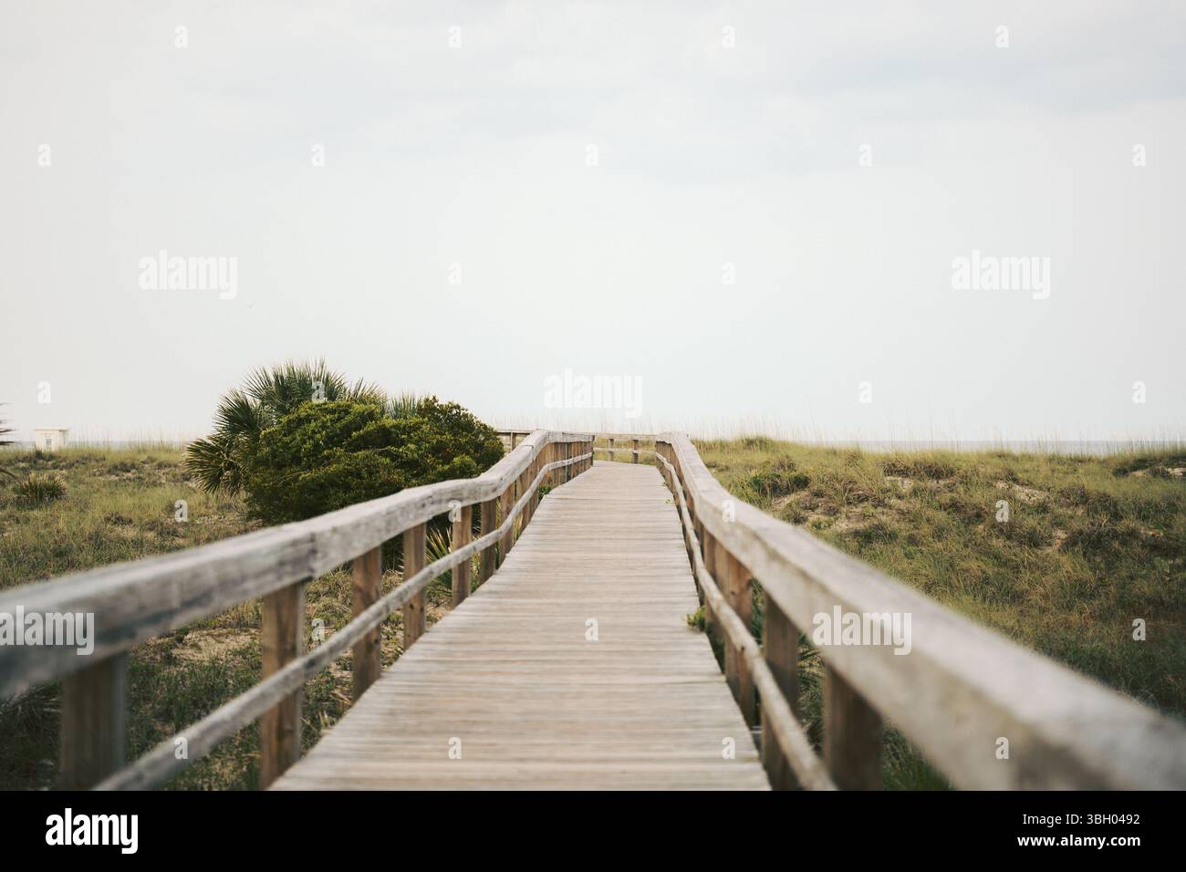Holzsteg führt zum North Beach auf Tybee Island, Georgia, bei Sonnenuntergang unter bewölktem Himmel im Frühsommer. Stockfoto