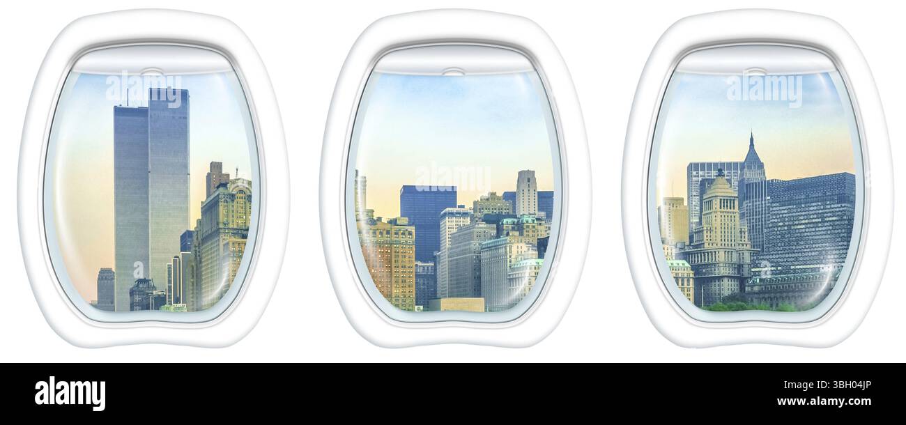 Drei ebene Windows auf New York City mit World Trade Center Twin Towers, Manhattan, USA, von einer Ebene auf die Bullaugen. Kopieren spa Stockfoto