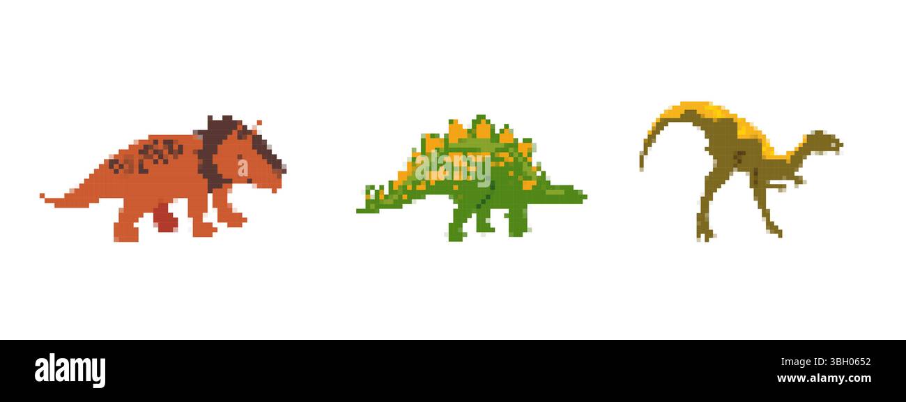 Dinosaurier mit Mosaik-Pixeln mit triceratops-Stegosaurus- und Velociraptor-Ikonen Stock Vektor