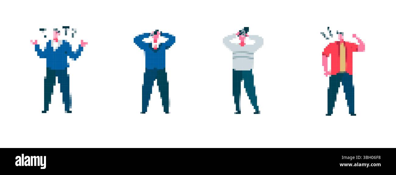 Mosaik-Pixelfiguren mit Ausrufezeichen und ausdrucksstarken Gesten in einem lustigen Stil Stock Vektor