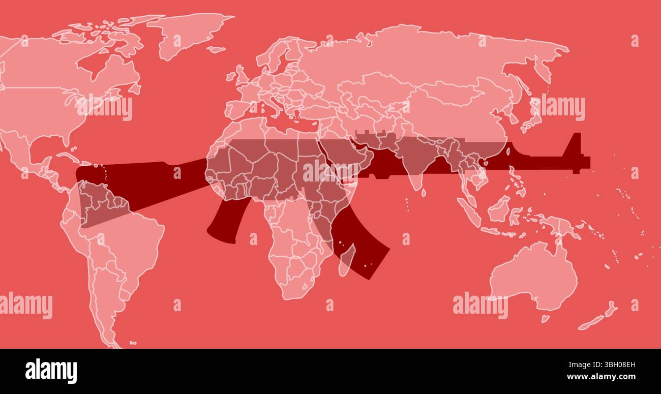 Bild der Weltkarte über Sturmgewehr auf rosa Hintergrund Stockfoto