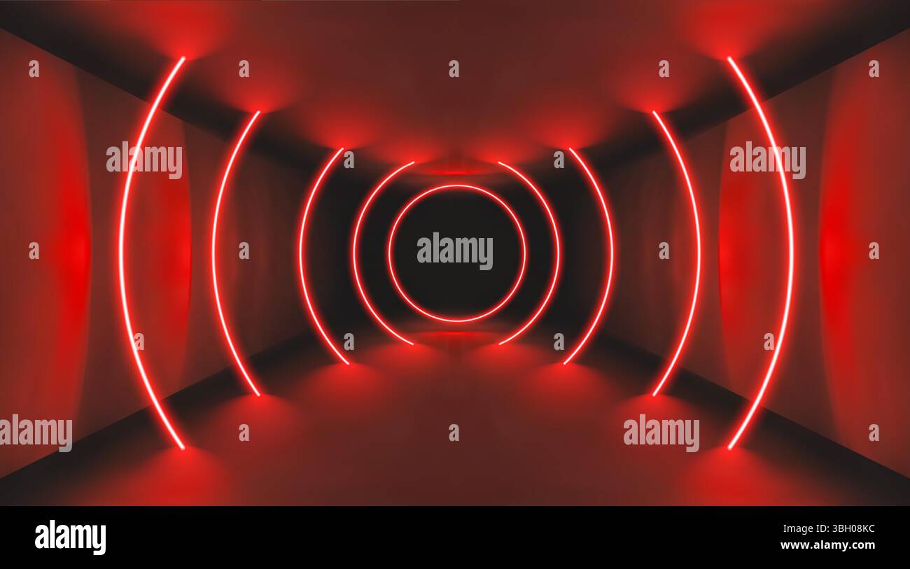 Abstrakter roter Hintergrund des Kasinos mit Neonlicht und schwarzer Bühne. Konzentrische 3D-LED-Laserlinien leuchten auf dem Podium. Das Dark-Tech-Tunneldesign zeigt Dynamik Stock Vektor