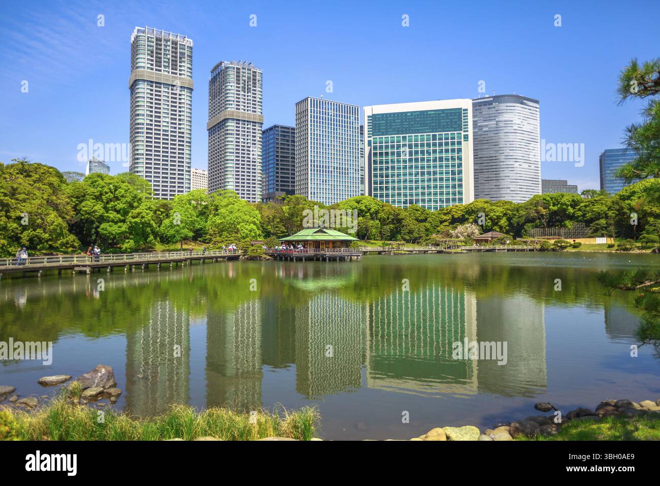 Moderne Gebäude von Shiodome, Shimbashi Viertel, im Hintergrund spiegeln sich im Pool der Hamarikyu Gärten. Hama Rikyu ist ein großes, attraktives Land Stockfoto
