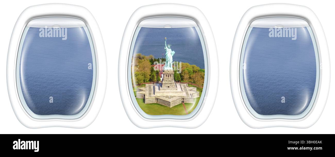 Drei Bullaugenfenster von Liberty Island und das Statue of Liberty Monument von New York City, USA, Nordamerika Stockfoto