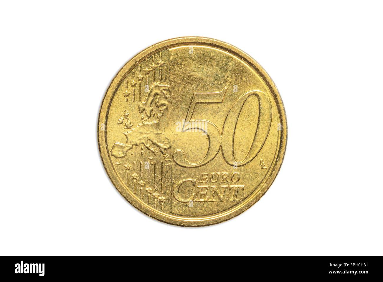 Die europäische Münze von 50 Cent Euro Nahaufnahme des vereinigten Europas, auf der Rückseite. Isoliert auf weißem Studiohintergrund Stockfoto