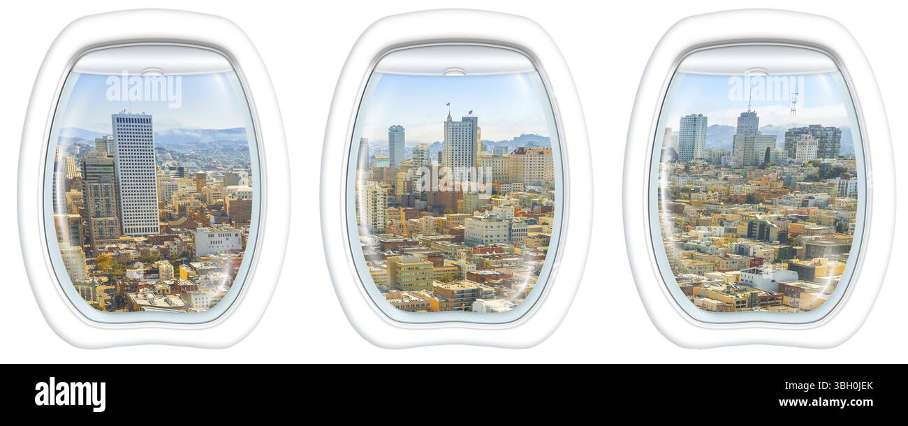 Drei Flugzeugfenster im San Francisco Financial District Downtown, Kalifornien, USA, von einem Flugzeug auf den Bullaugenfenstern. Kopierraum, Nord A Stockfoto