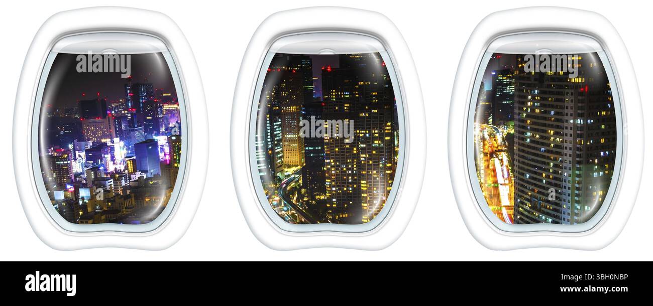 Drei Bullaugenfenster mit Blick auf die Stadt Tokio und die Shiodome-Wolkenkratzer und Geschäftsbüros vom Tokyo World Trade Center in der Nacht Stockfoto