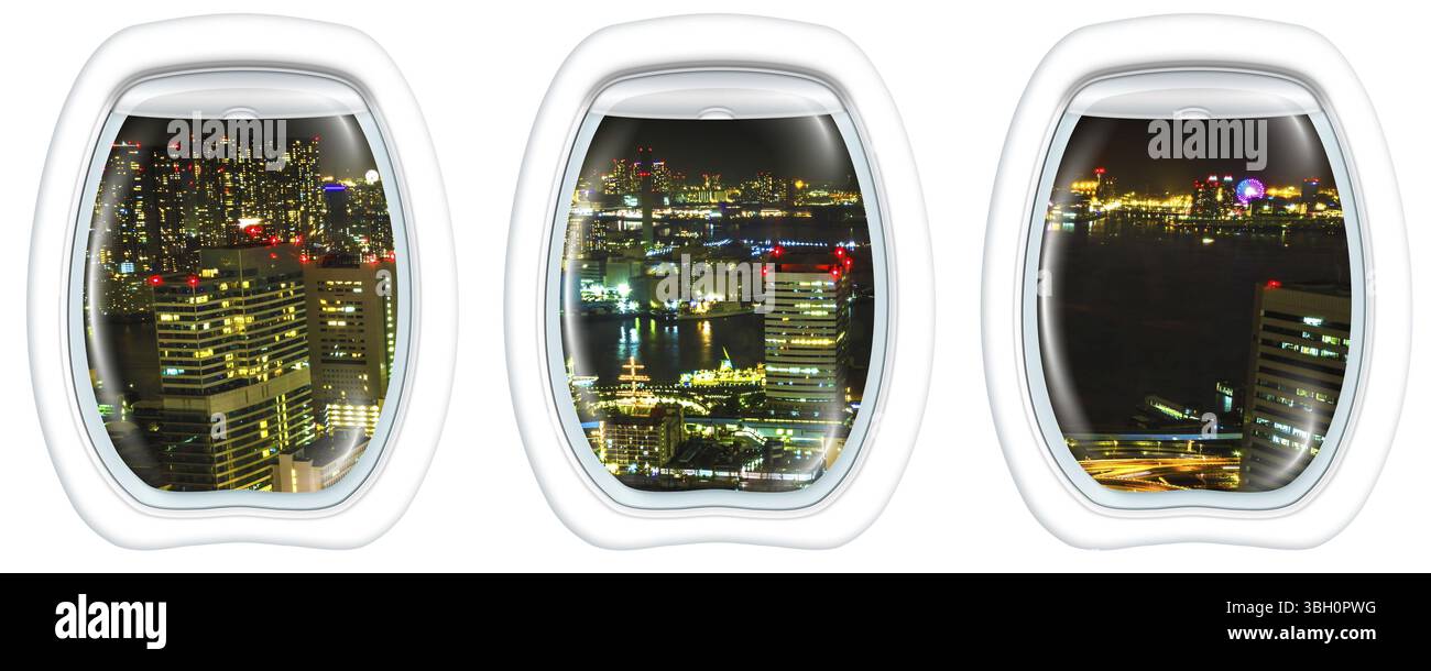 Drei Bullaugenfenster über dem Stadtbild Tokios, der Bay Area mit seinen Brücken und Odaiba bei Nacht vom Tokyo World Trade Center, Tokio, Japan. Clos Stockfoto