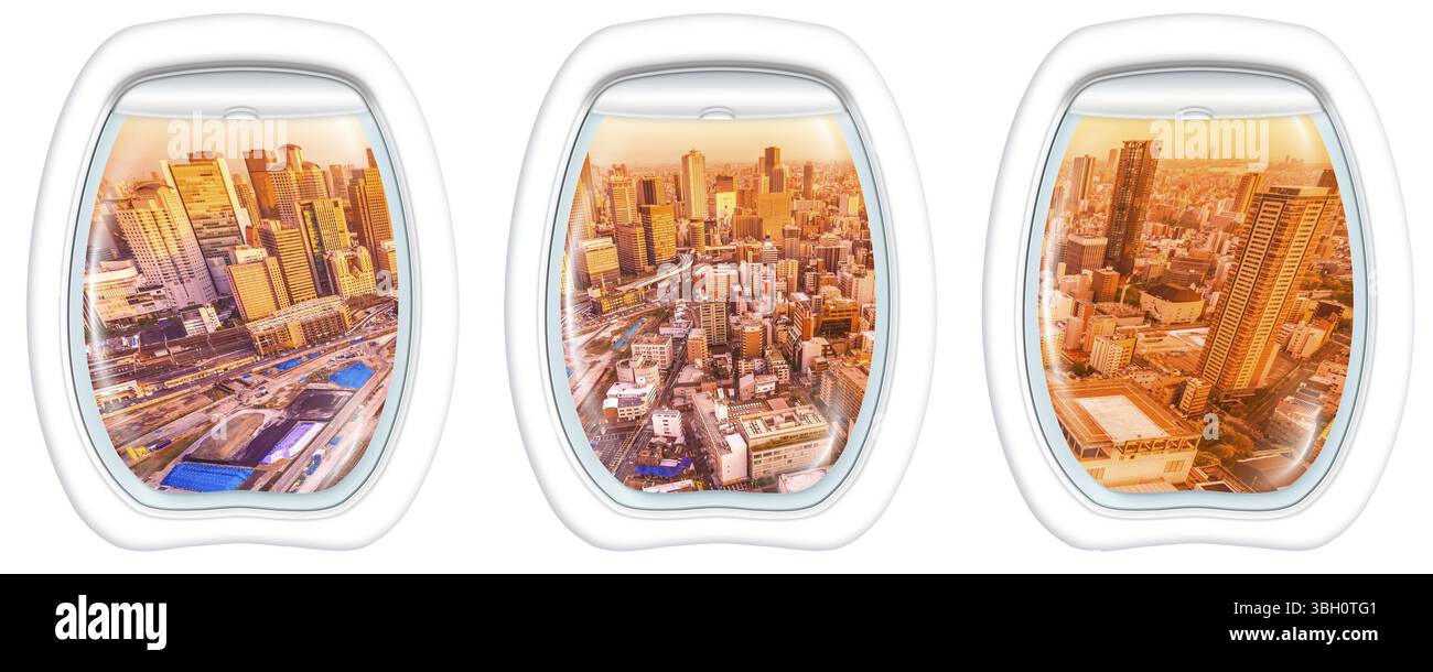 Drei Bullaugenfenster auf der Innenstadt von Osaka City Central Business bei Sonnenuntergang. Osaka Skyline von Kita Ward von Japan. Umeda Viertel aus der Vogelperspektive Stockfoto