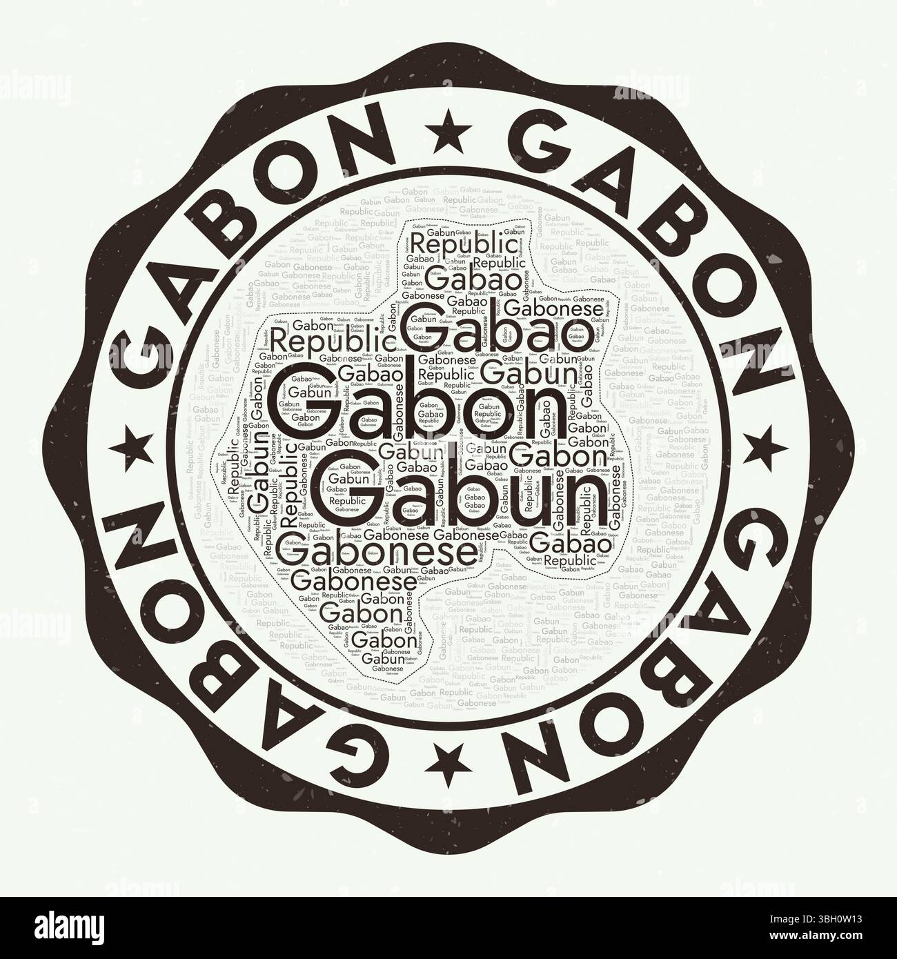 Gabun-Logo. Authentisches Landabzeichen mit Wortwolke in Form von Gabun. Rundes Emblem mit Ländername. Illustration des kühlen Vektors. Stock Vektor