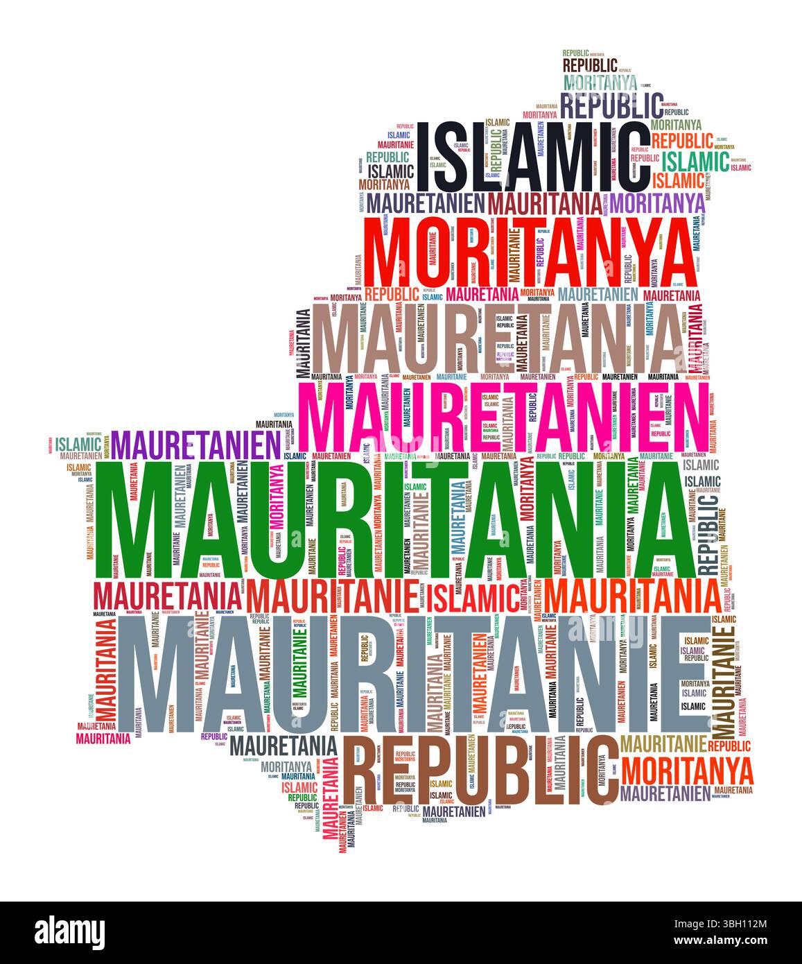 Mauretanien Country Shape Wortwolke. Typografie-Stil Länderdarstellung. Mauretanisches Bild im Wolkenstil. Vektorabbildung. Stock Vektor