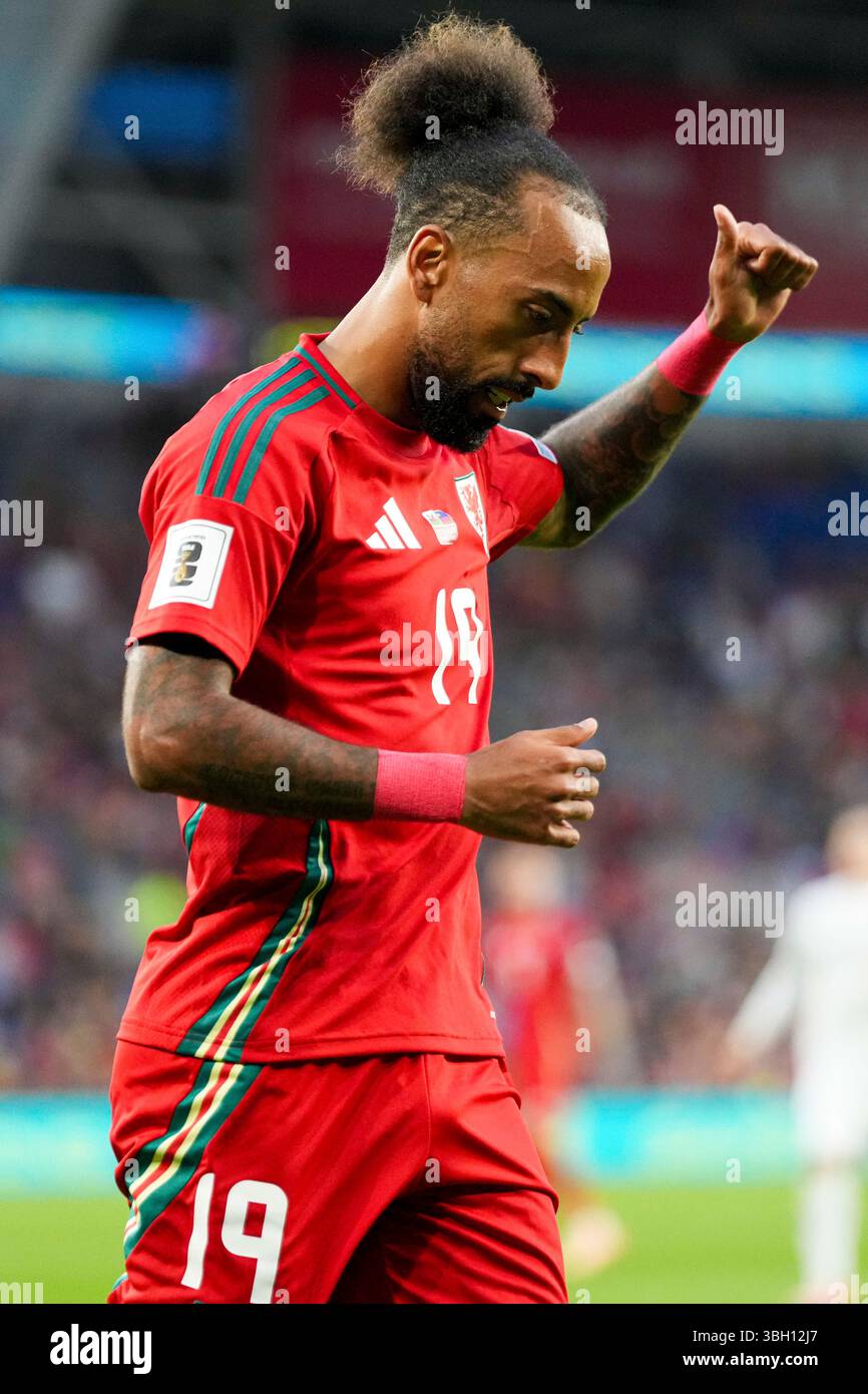 Cardiff, Wales, Großbritannien. Juni 2025. Sorba Thomas von Wales während der FIFA-Weltmeisterschaft, der Europaqualifikation, des Gruppenspiels zwischen Wales und Liechtenstein im Cardiff City Stadium. Credit Glitch Images/Alamy Live News Stockfoto