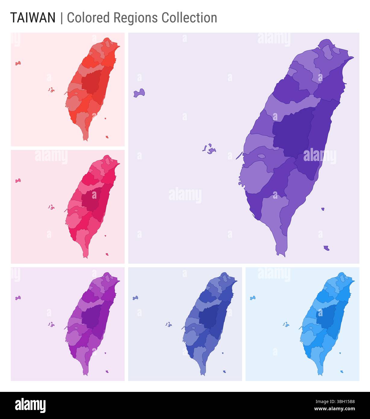 Taiwan Kartensammlung. Länderform mit farbigen Regionen. Dunkelviolett, Rot, Rosa, Lila, Indigo, blaue Farbpaletten. Stock Vektor