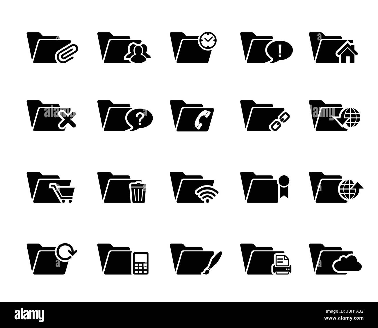 Satz von Vektorsymbolen für Dateiordner. PIN, People, Time, Home, DELETE, Frage, Telefontagebuch, Verknüpfung aufheben, herunterladen, Warenkorb, bin, wi-fi, Lesezeichen, Upload, Refersh Stock Vektor