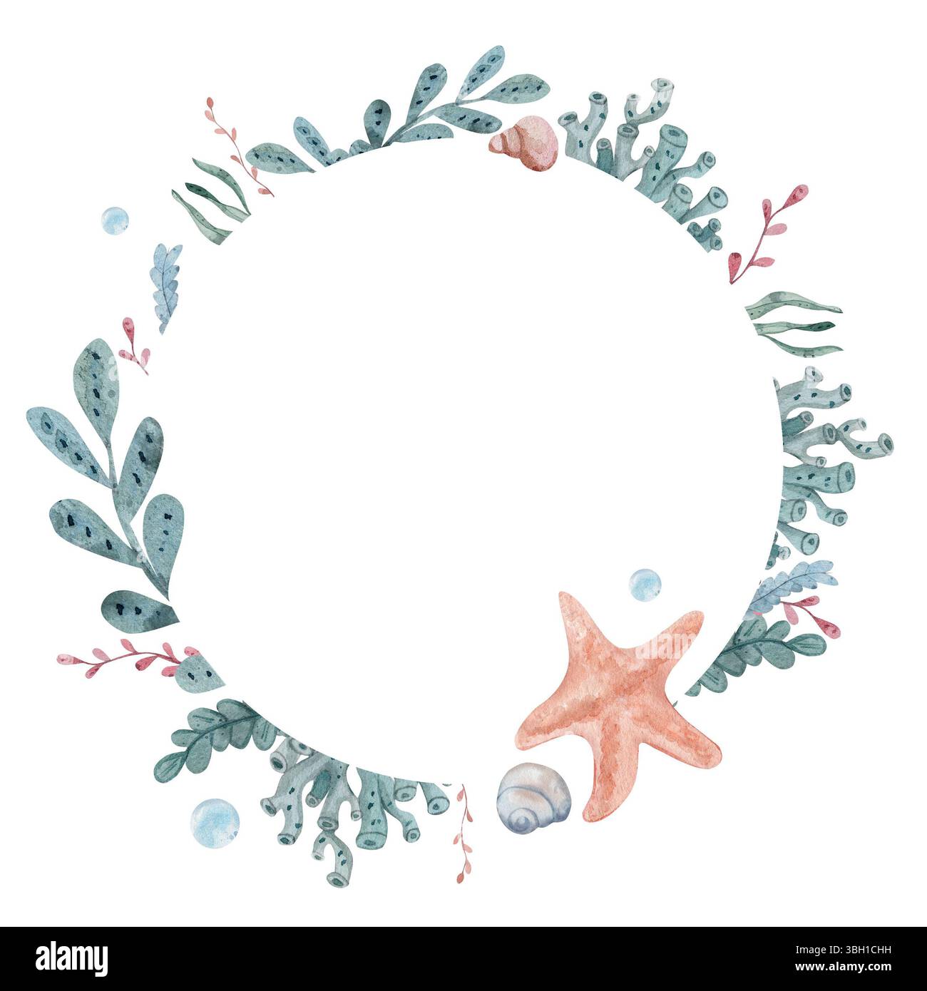 Runder Aquarellrahmen mit Seesternen, Muscheln und Algen, Wasserblasen und leeren Textstellen. Handgezeichnet, weißer Hintergrund. Elegantes Design, perfekt für Hochzeitseinladungen und Grußkarten. Stockfoto