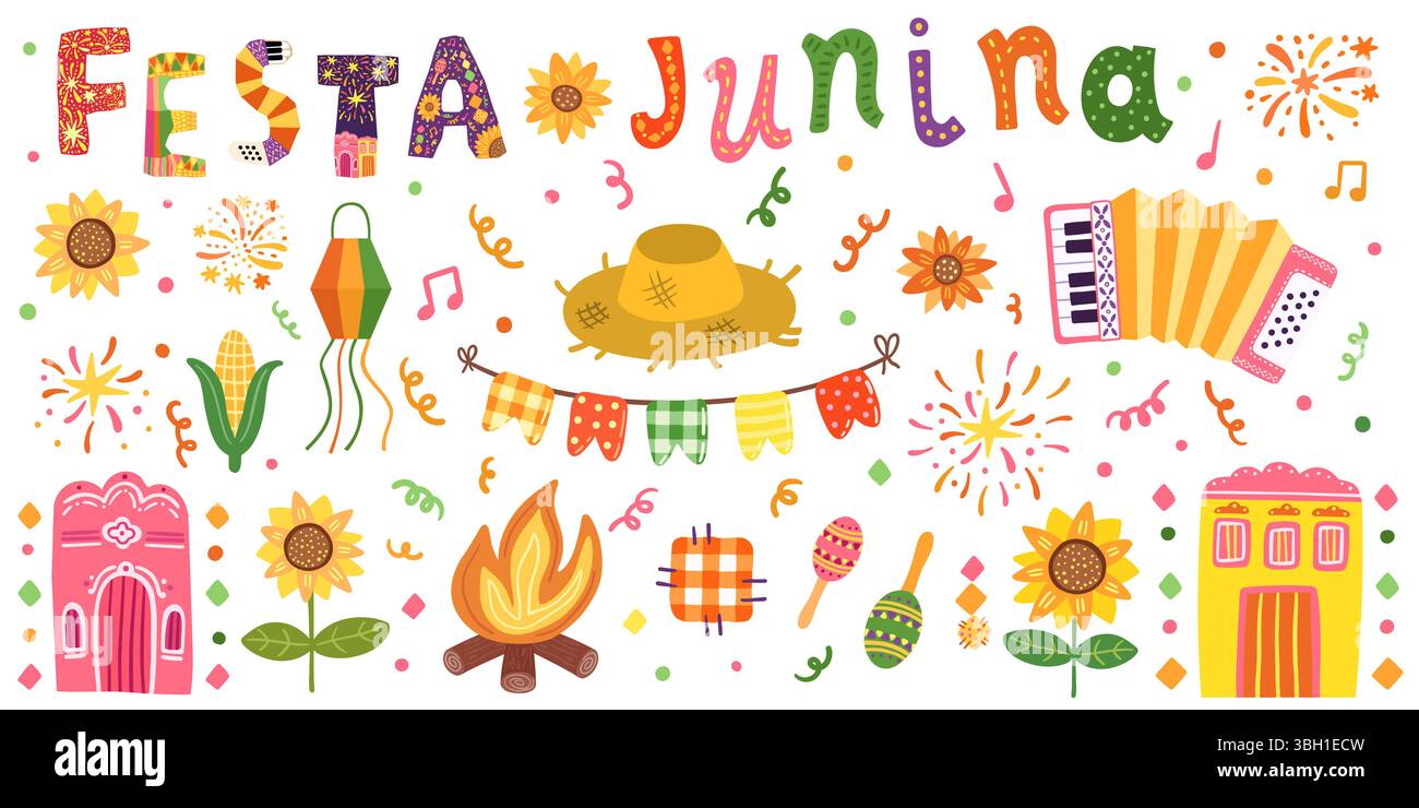Festa Junina Vektor-Set mit Text und festlichen Grafiken - Sonnenblume, Strohhut, Bunting, Akkordeon, Mais, Illustrationen Zum Brasilianischen Festival Stock Vektor